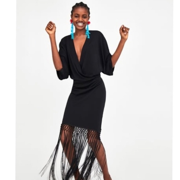 NWOT ZARA BLOGGER FAV MIDI DRESS W ASYMMETRICAL FRINGE & KIMONO SLEEVES Sz: S - Picture 3 of 16